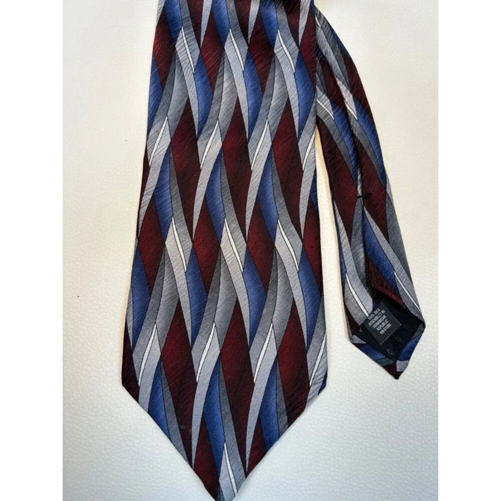 Vintage Puritan 100% Silk Woven Geometric Tie Blue Gray Burgundy White Pointed